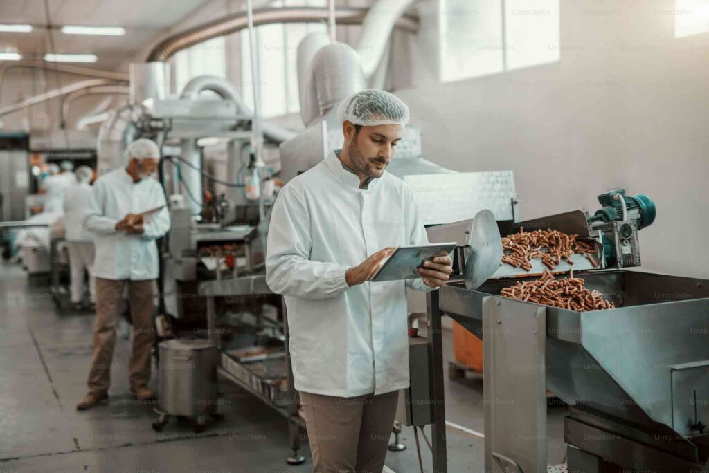 young caucasian serious supervisor evaluating quality of food in