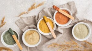 top view of selection of bowls with powder
