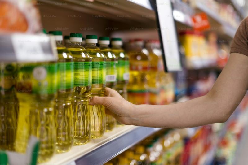 a woman buying cooking oil in supermarket