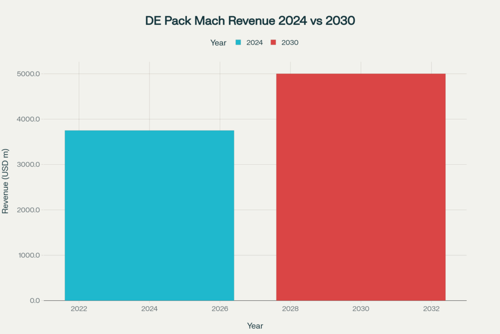 Vergleich der Umsätze des deutschen Verpackungsmaschinenmarktes im Jahr 2024 und prognostiziert für 2030.